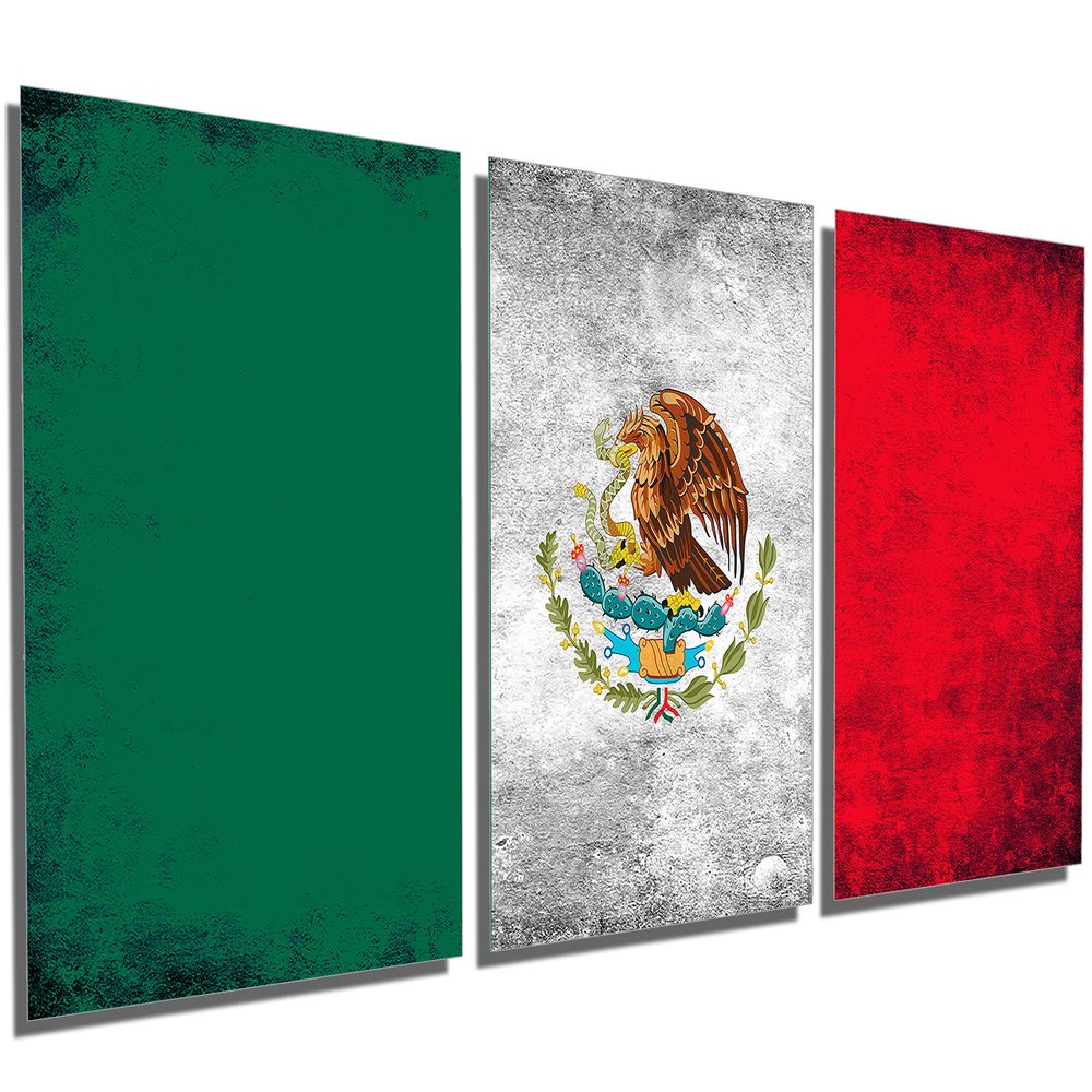 36 x 18 TOTAL - Mexico Flag Silver Grunge - Metal Print wall art. 3 Panel split, Triptych. HD aluminum multi panel