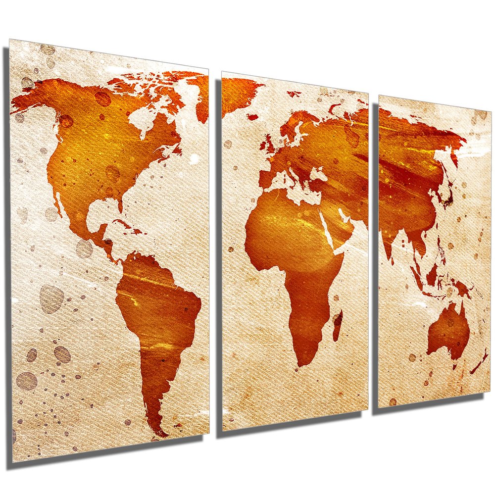 60 x 30 TOTAL - Abstract World Map Metal Print wall art. 3 Panel split, Triptych. HD aluminum panels for wall decor