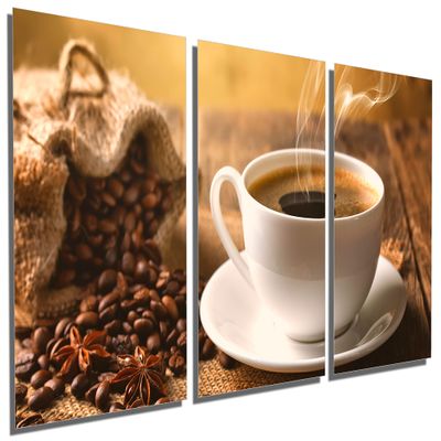 60 x 30 TOTAL - Coffee & Cup Metal Print Wall Art 3 Panel Split Coffee Shop Decor, cafe Wall Art Print