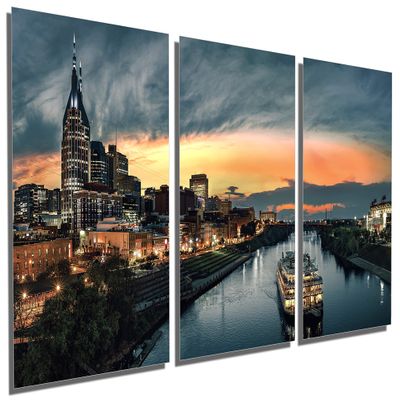 60 x 30 TOTAL - Nashville, TN Metal Print Wall Art Skyline at dusk 3 Panel Split. Nashville Tennessee wall art