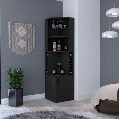 Corner Bar Cabinet Eight Wine Cubbies Glass Rack Double Door Black Modern Contemporary MDF Includes Hardware