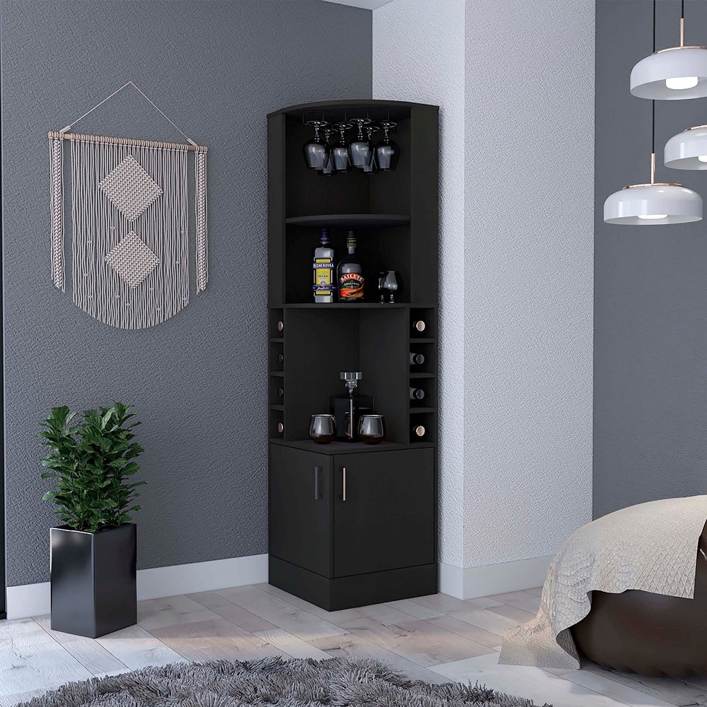 Corner Bar Cabinet Eight Wine Cubbies Glass Rack Double Door Black Modern Contemporary MDF Includes Hardware