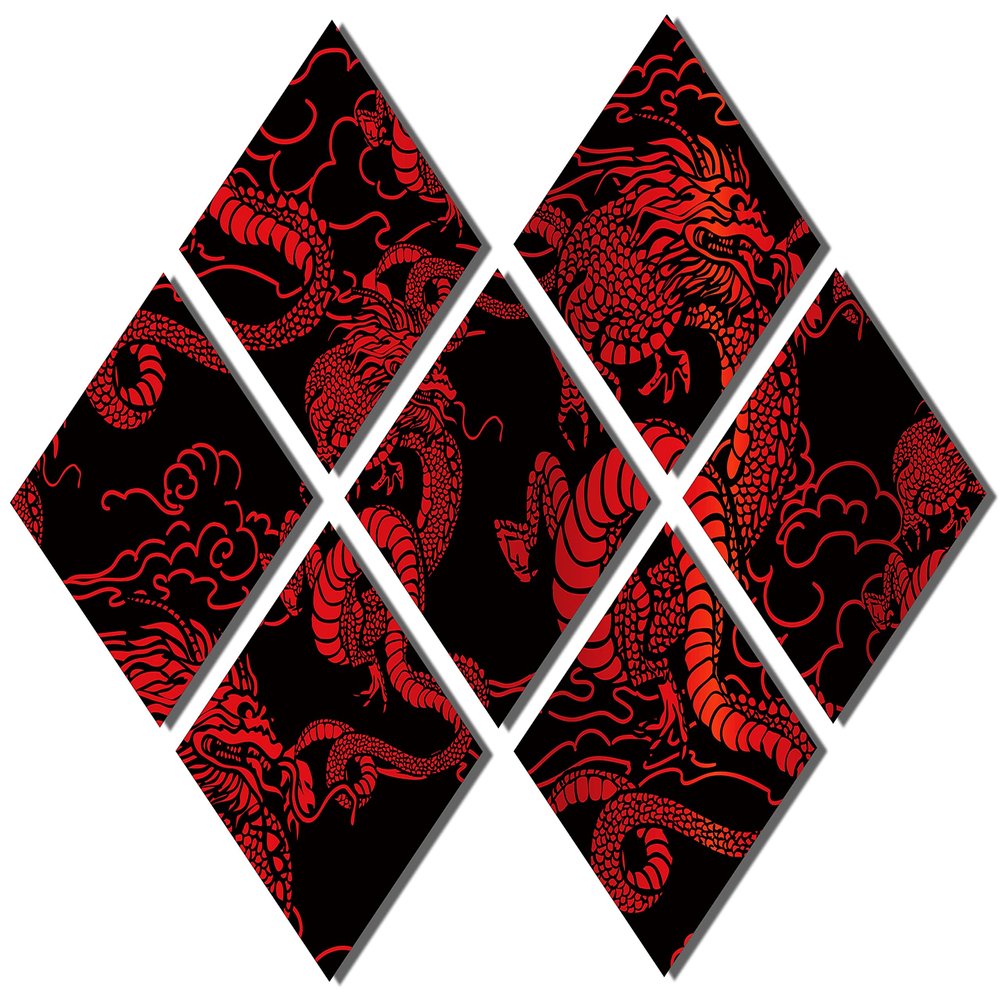 102 x 68 TOTAL - Chinese red Dragons Metal Print Wall Art 7 Panel Butterfly Split Chinese decor Asian wall art print