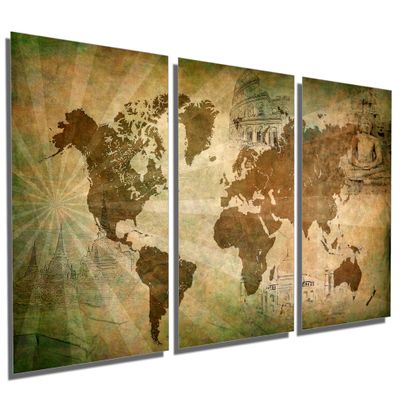 60 x 30 TOTAL - Landmark World Map - Metal Print, wall art - 3 Panel split, Triptych HD aluminum multi panel print
