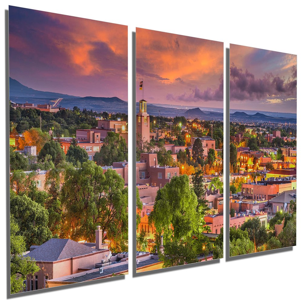36 x 18 TOTAL - Santa Fe, NM Metal print Wall Art with orange skies 3 Panel Split Santa Fe, New Mexico