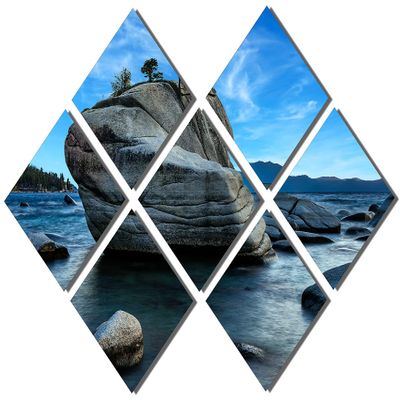 102 x 68 TOTAL - Bonsai Rock Metal Print Wall Art at Lake Tahoe blue sky 7 Panel Butterfly Split Landscape Scenery