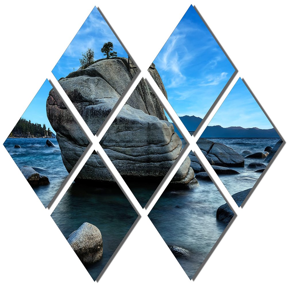 102 x 68 TOTAL - Bonsai Rock Metal Print Wall Art at Lake Tahoe blue sky 7 Panel Butterfly Split Landscape Scenery