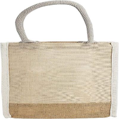 6 Pack Stylish Reusable Jute Burlap Tote Bags Large Medium Small Bag for Gifts Decorating Events Beach Shopping Wedding More (TJ911 (9" x 11" x 4"))