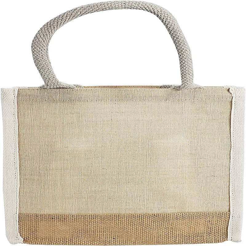 6 Pack Stylish Reusable Jute Burlap Tote Bags Large Medium Small Bag for Gifts Decorating Events Beach Shopping Wedding More (TJ911 (9" x 11" x 4"))