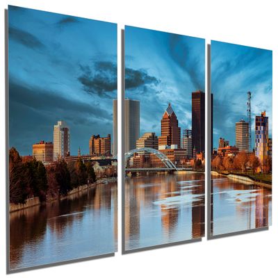 36 x 18 TOTAL - Rochester, NY Skyline Metal Print Wall Art Dark Blue Skies 3 Panel Split. Rochester New York City