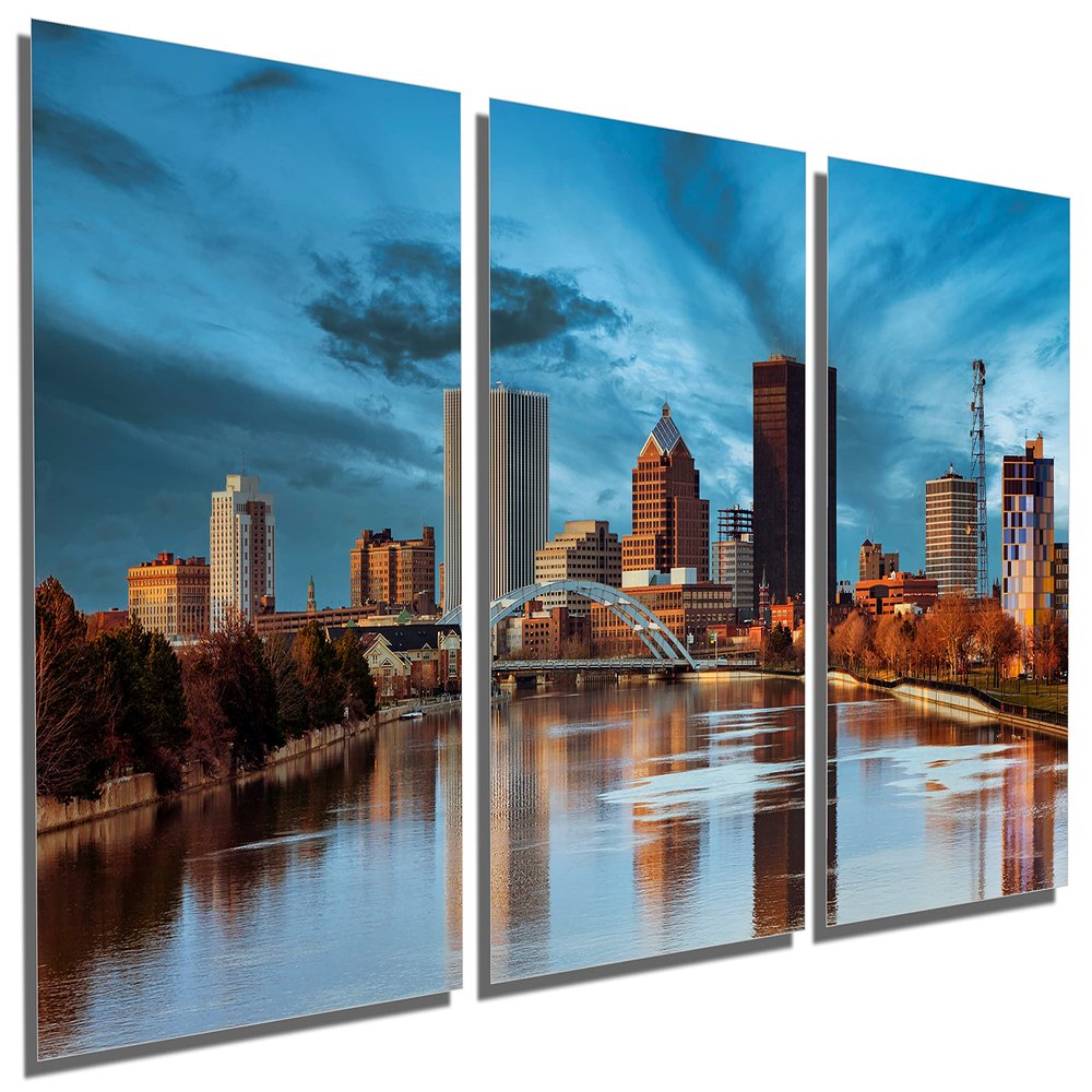 36 x 18 TOTAL - Rochester, NY Skyline Metal Print Wall Art Dark Blue Skies 3 Panel Split. Rochester New York City