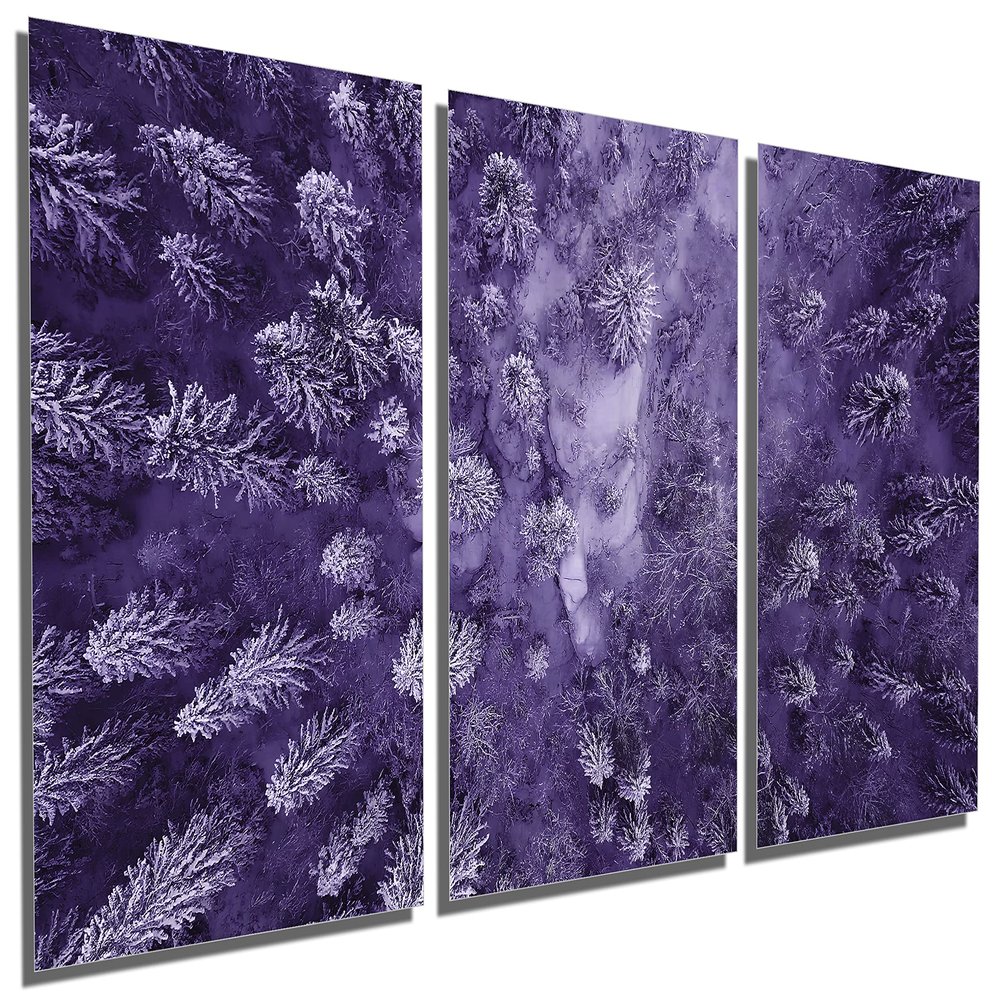 60 x 30 TOTAL - Purple Evergreen trees Metal Print Wall Art aerial photo 3 Panel Split Landscape Forest Print Set