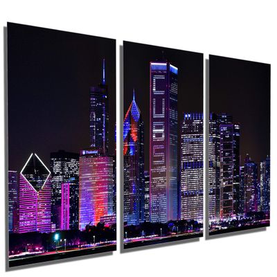 72 x 36 TOTAL - Purple Chicago Cubs night skyline Metal Print, wall art. 3 Panel split, Triptych HD aluminum