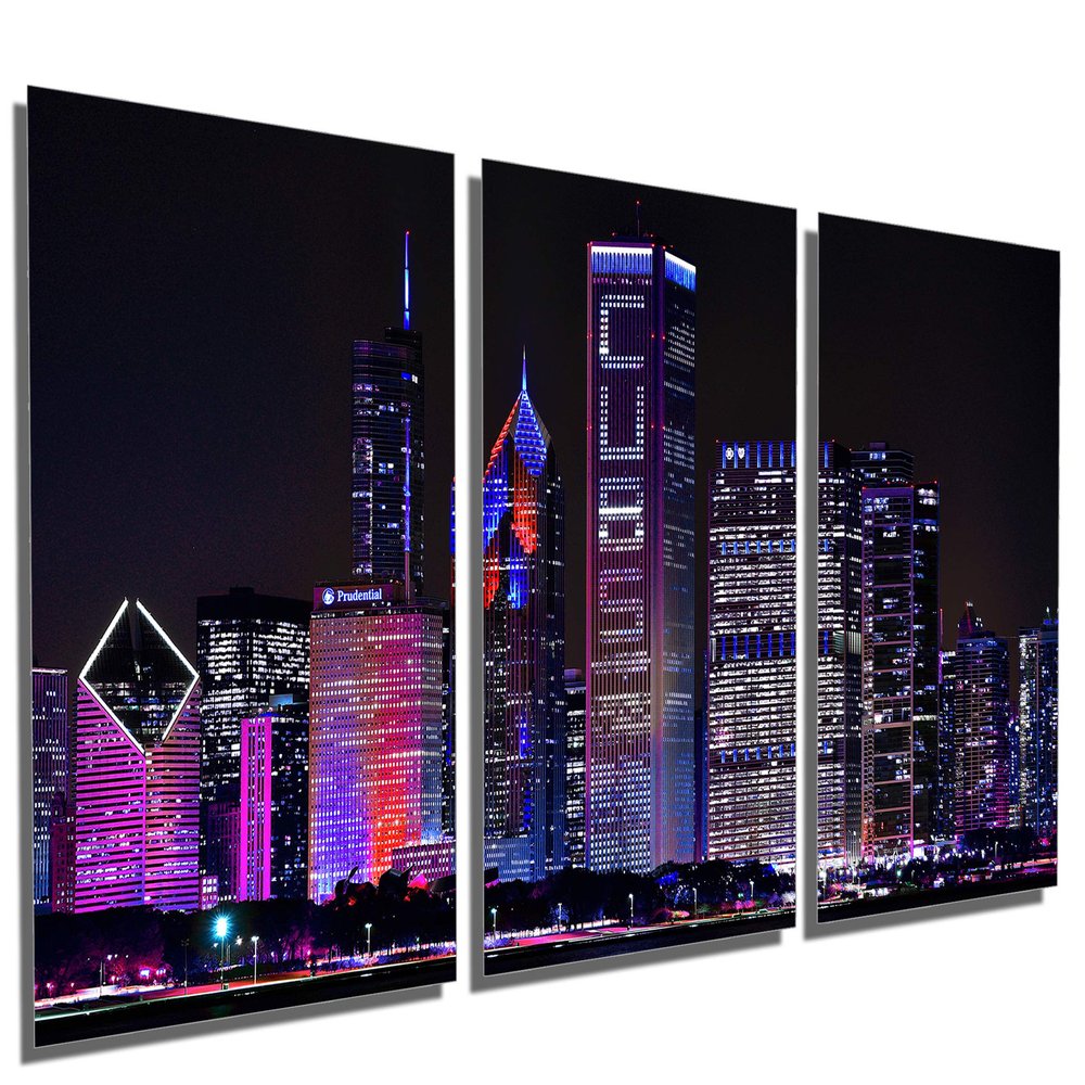 72 x 36 TOTAL - Purple Chicago Cubs night skyline Metal Print, wall art. 3 Panel split, Triptych HD aluminum