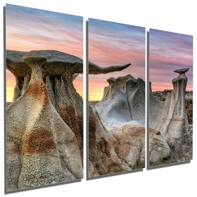 36 x 18 TOTAL - Bisti Badlands Metal Print Wall Art Soft Sunset 3 Panel Split, De-Na-Zin New Mexico Stone Wings