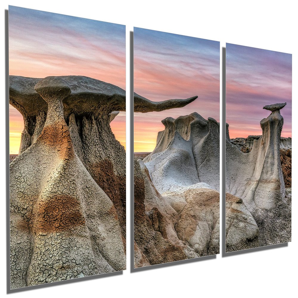 36 x 18 TOTAL - Bisti Badlands Metal Print Wall Art Soft Sunset 3 Panel Split, De-Na-Zin New Mexico Stone Wings