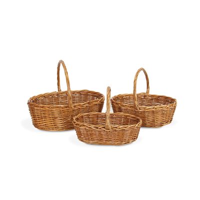 Set of 3 Oval stained willow baskets with braided handle