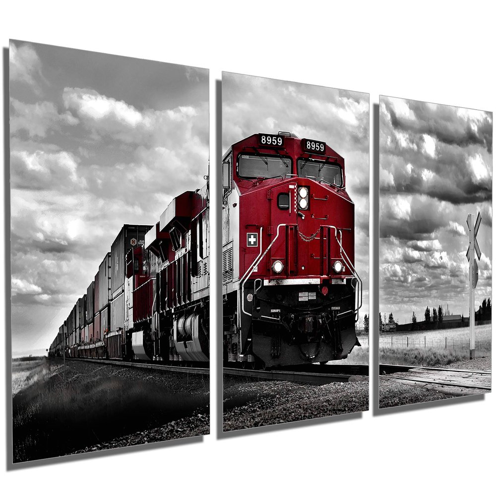 72 x 36 TOTAL - Red train black & white Metal Print wall art 3 Panel split, Triptych HD aluminum multi panel decor