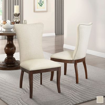 Dining Chair (Set of 2) Beige Brown Modern Contemporary Upholstered Cherry Finish Nailheads