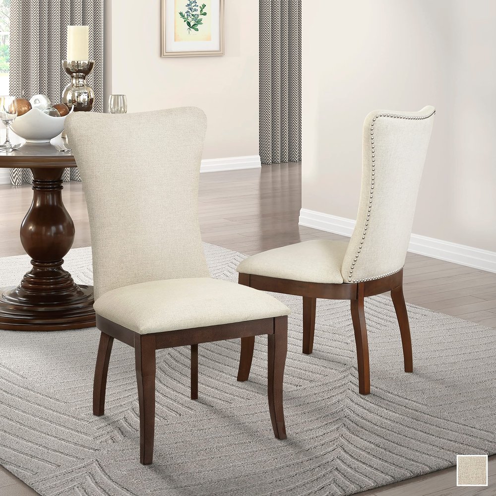 Dining Chair (Set of 2) Beige Brown Modern Contemporary Upholstered Cherry Finish Nailheads