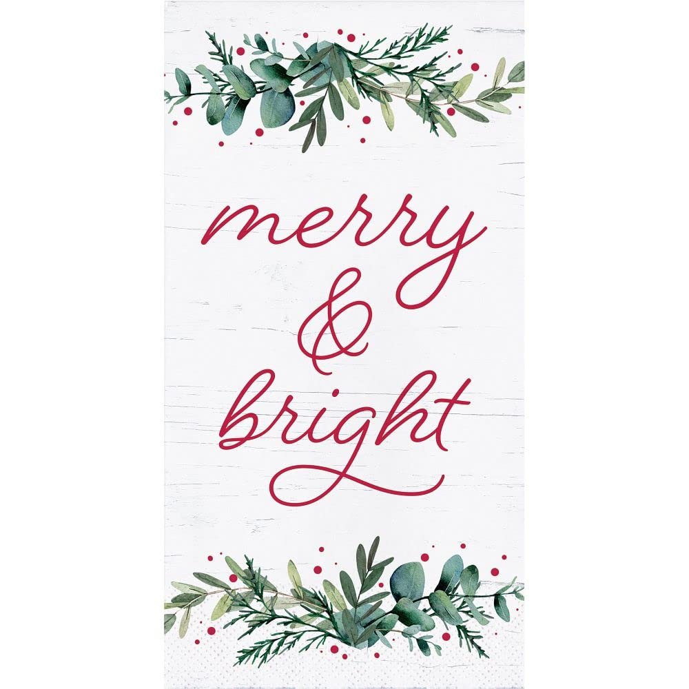 Merry & Bright Holiday Sentiment Themed Christmas Guest Towels - 32 CT | Napkins for Buffet Kitchen or Bathroom Fingertip Hand Towels | Joyful Greetings Design, 4.5" x 8"