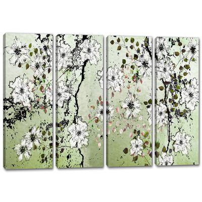 120 x 60 TOTAL - Green Floral Wall Art Canvas Print 4 Panel Split Flower Illustration Wall Art decor