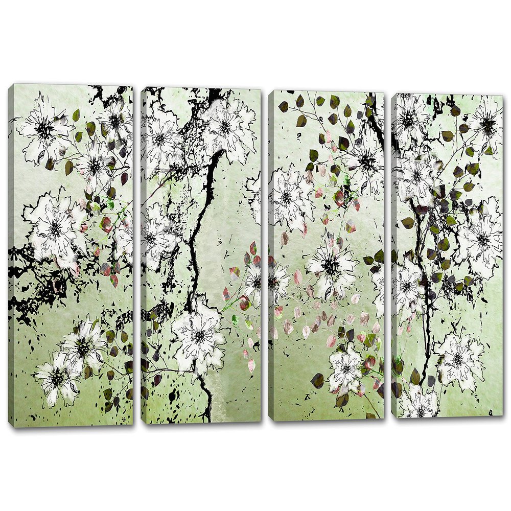 120 x 60 TOTAL - Green Floral Wall Art Canvas Print 4 Panel Split Flower Illustration Wall Art decor