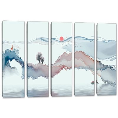 90 x 45 TOTAL - Abstract Landscape Wall Art Canvas Print light blue-silver 5 Panel Split Watercolor Art