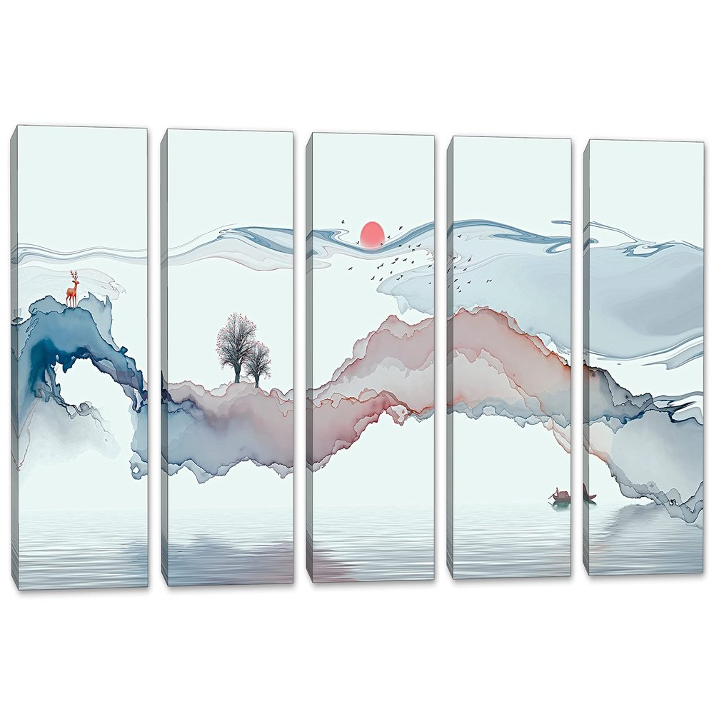 90 x 45 TOTAL - Abstract Landscape Wall Art Canvas Print light blue-silver 5 Panel Split Watercolor Art
