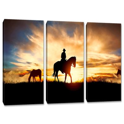 24 x 12 TOTAL - Cowboy & horse silhouette at sunset Canvas Print Wall Art 3 Panel Split, Cowboy Art