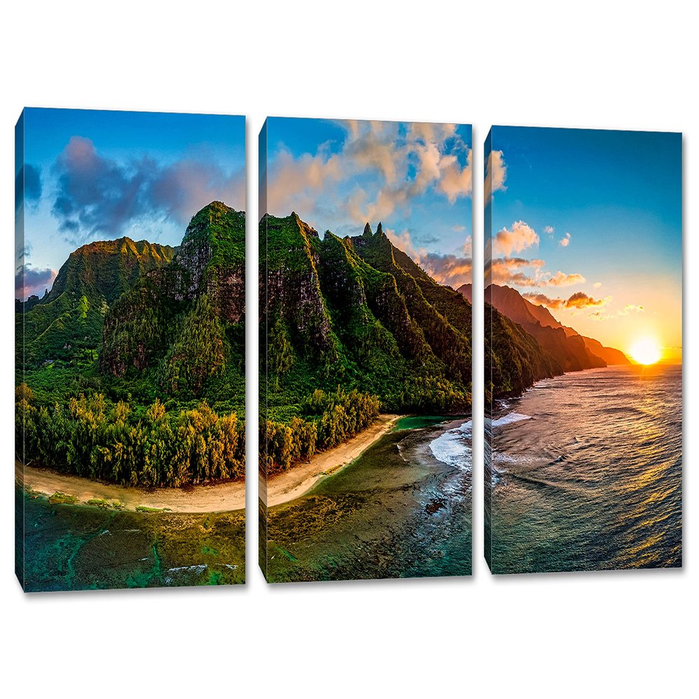 48 x 24 TOTAL - Hawaii's Na Pali Coast Wall Art Canvas Print, Kauai 3 Panel Split landscape print art during sunset
