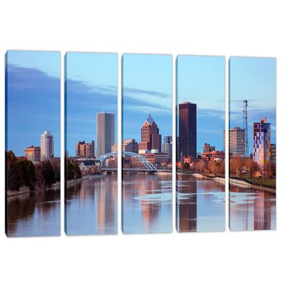 50 x 24 TOTAL - Rochester NY Skyline Canvas Print Wall Art - 5 Panel - Wall Decor USA interior design blue