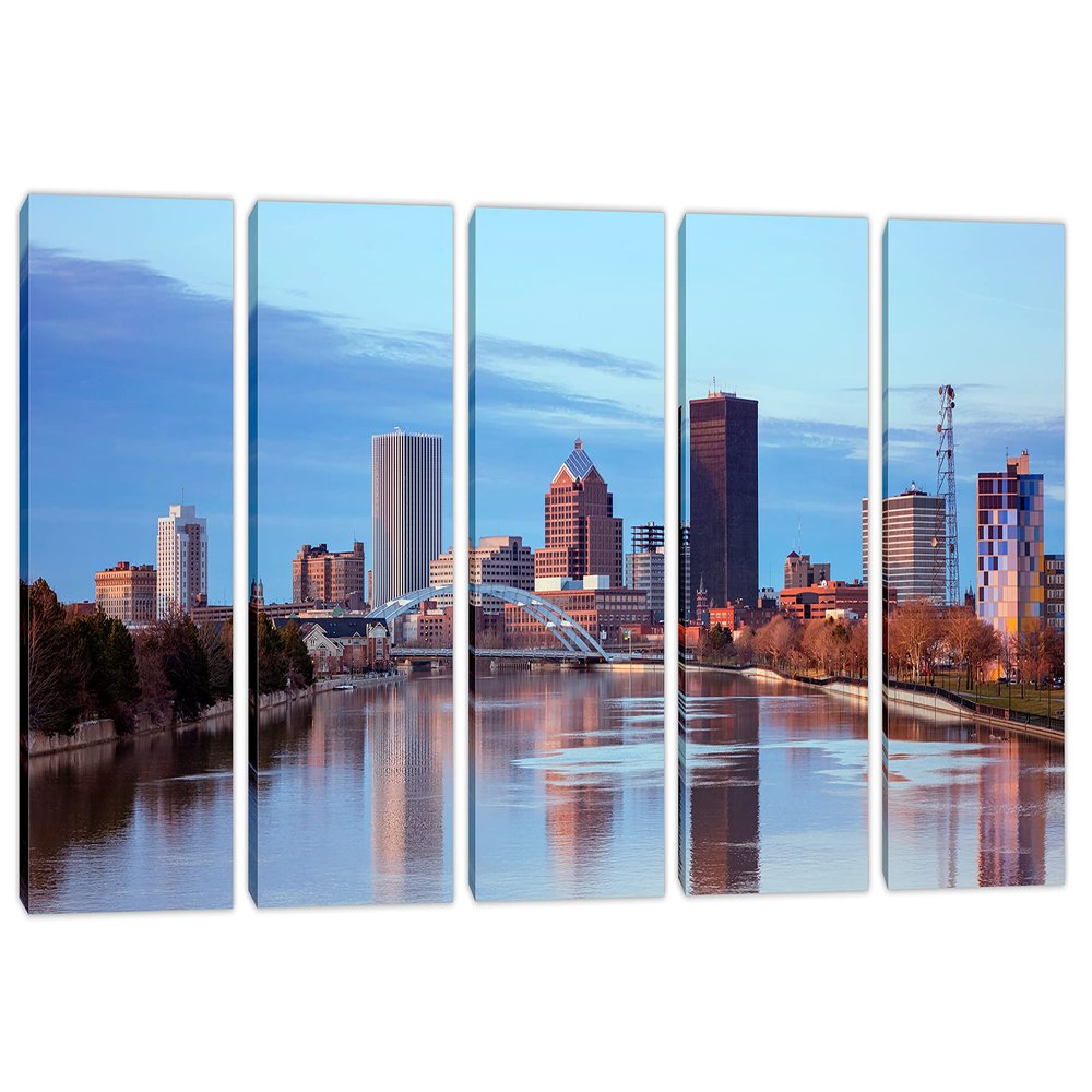 50 x 24 TOTAL - Rochester NY Skyline Canvas Print Wall Art - 5 Panel - Wall Decor USA interior design blue