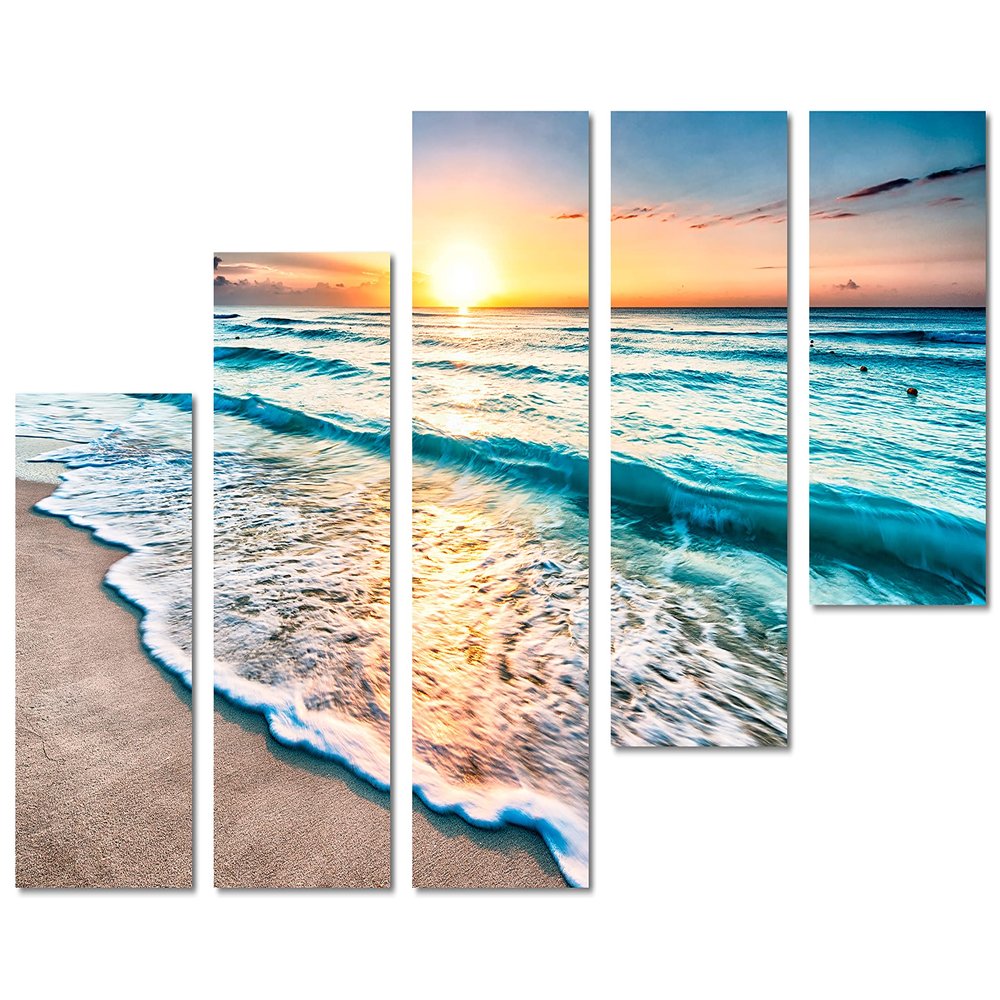 80 x 42 TOTAL - Sunrise over beach in Cancun Canvas Print. 5 Panel Z Cut Split Wall Art for room decor