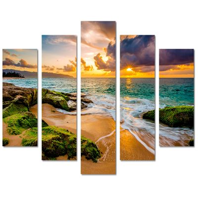 80 x 42 TOTAL - Hawaii beach with Golden Sunset Canvas Print. 5 Panel Diamond Split, Wall Art for room wall decor