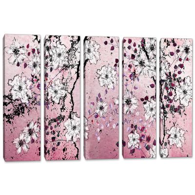 90 x 45 TOTAL - Pink Floral Wall Art Canvas Print 5 Panel Split Flower Illustration Wall Art decor