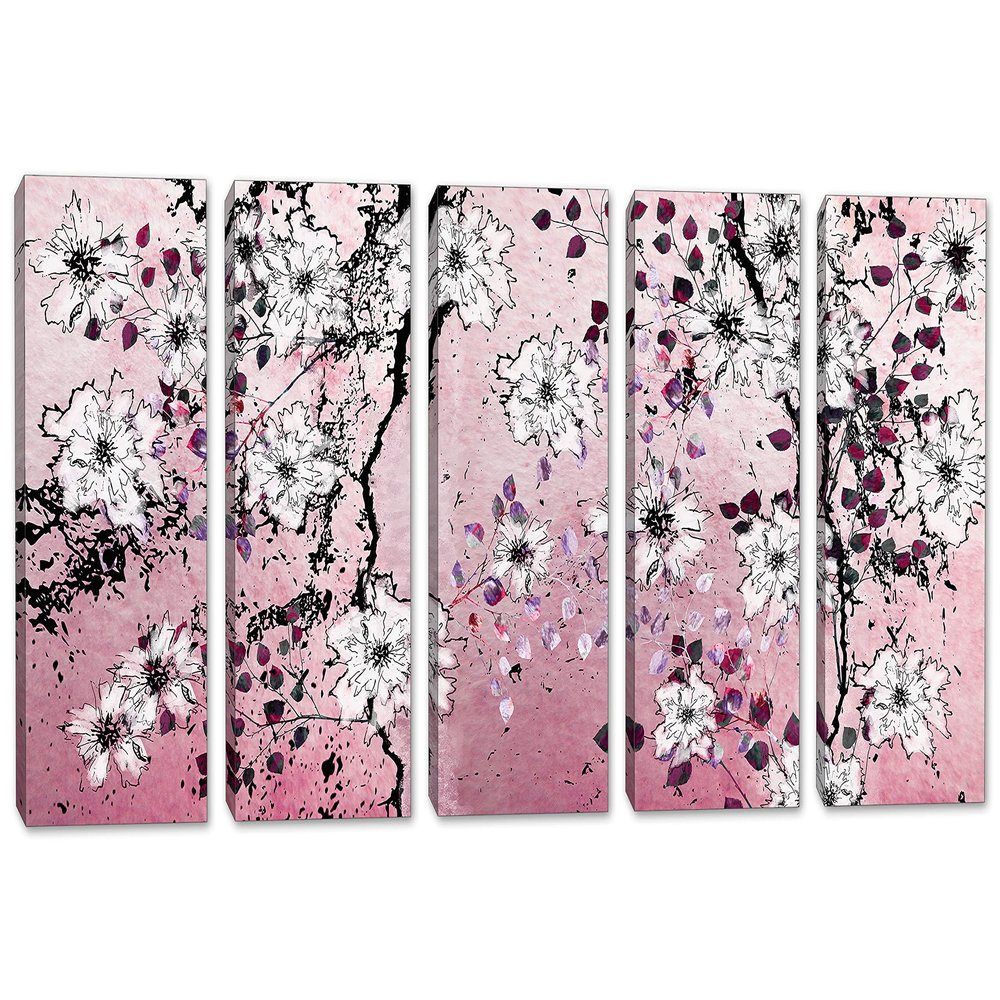 90 x 45 TOTAL - Pink Floral Wall Art Canvas Print 5 Panel Split Flower Illustration Wall Art decor