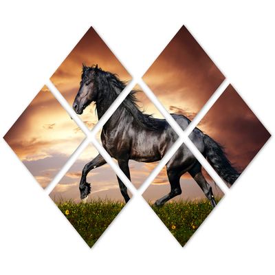 85 x 57 TOTAL - Black Stallion Horse Wall Art Canvas Print 7 Panel Butterfly split, Friesian Horse home wall decor