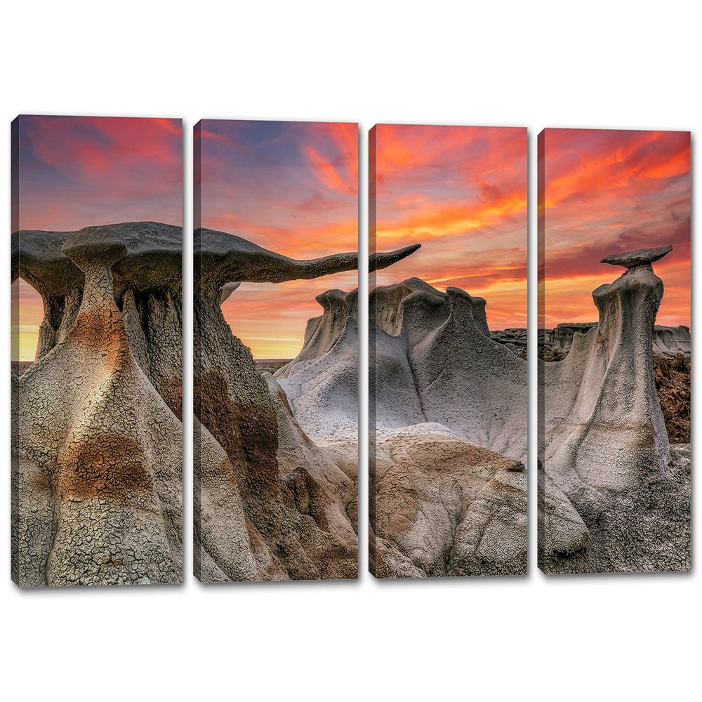 48 x 24 TOTAL - Bisti Badlands Wall Art Canvas Print Sunset 4 Panel Split New Mexico, De-Na-Zin Stone Wings Hoodos