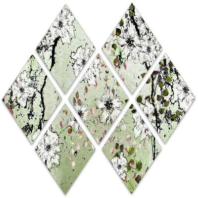 102 x 68 TOTAL - Green Floral Wall Art Canvas Print 7 Panel Butterfly Split Flower Illustration Wall Art decor