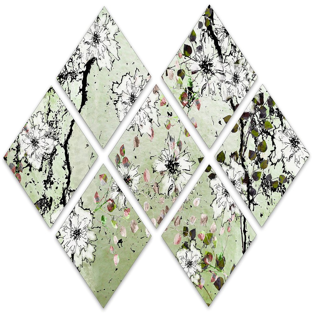 102 x 68 TOTAL - Green Floral Wall Art Canvas Print 7 Panel Butterfly Split Flower Illustration Wall Art decor