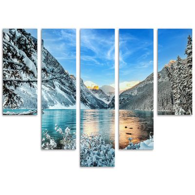 80 x 42 TOTAL - Banff National Park Canvas Print Wall Art blue skies 5 Panel Waterfall Split Lake Louise & Mountains