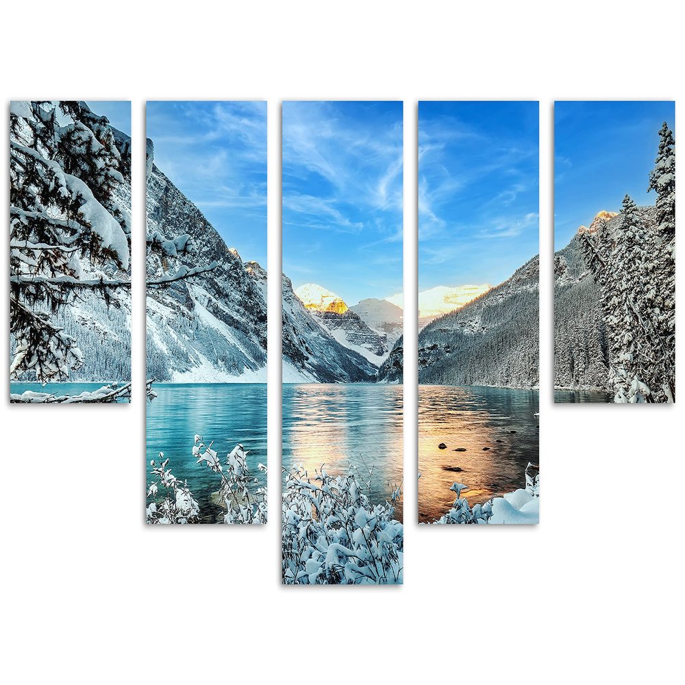 80 x 42 TOTAL - Banff National Park Canvas Print Wall Art blue skies 5 Panel Waterfall Split Lake Louise & Mountains