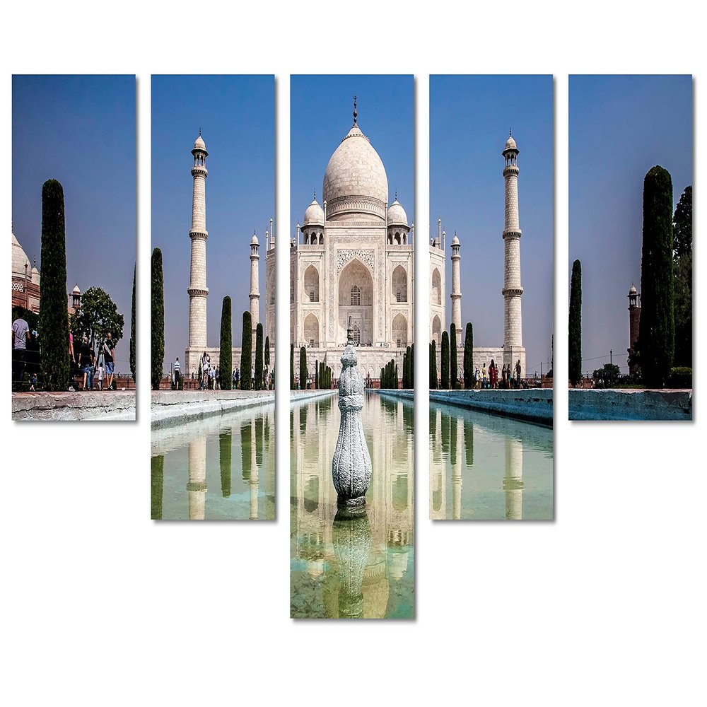 80 x 42 TOTAL - Taj Mahal, fountain Canvas Print. 5 Panel Waterfall Split Wall Art. Landmark Photography Giclee
