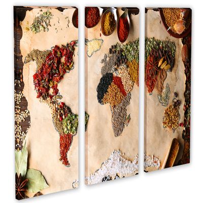30 x 20 TOTAL - Kitchen Spice World Map Wall Art Canvas Print. 3 Panel Split, Triptych Kitchen Decor home wall decor