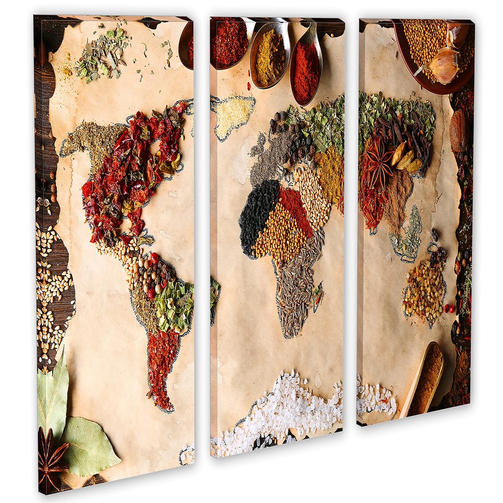 30 x 20 TOTAL - Kitchen Spice World Map Wall Art Canvas Print. 3 Panel Split, Triptych Kitchen Decor home wall decor