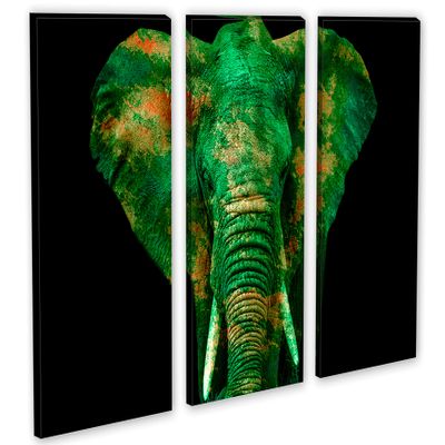 60 x 40 TOTAL - Watercolor Elephant Canvas Print Wall Art green orange 3 Panel Split, Triptych. Animal Home decor