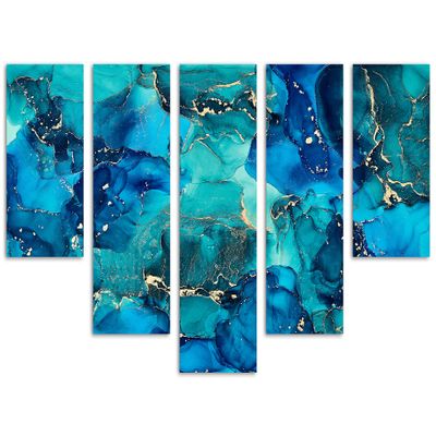 80 x 42 TOTAL - Abstract Marble Canvas Print Wall Art Teal, Blue & Gold 5 Panel Waterfall Split Liquid Marble Decor
