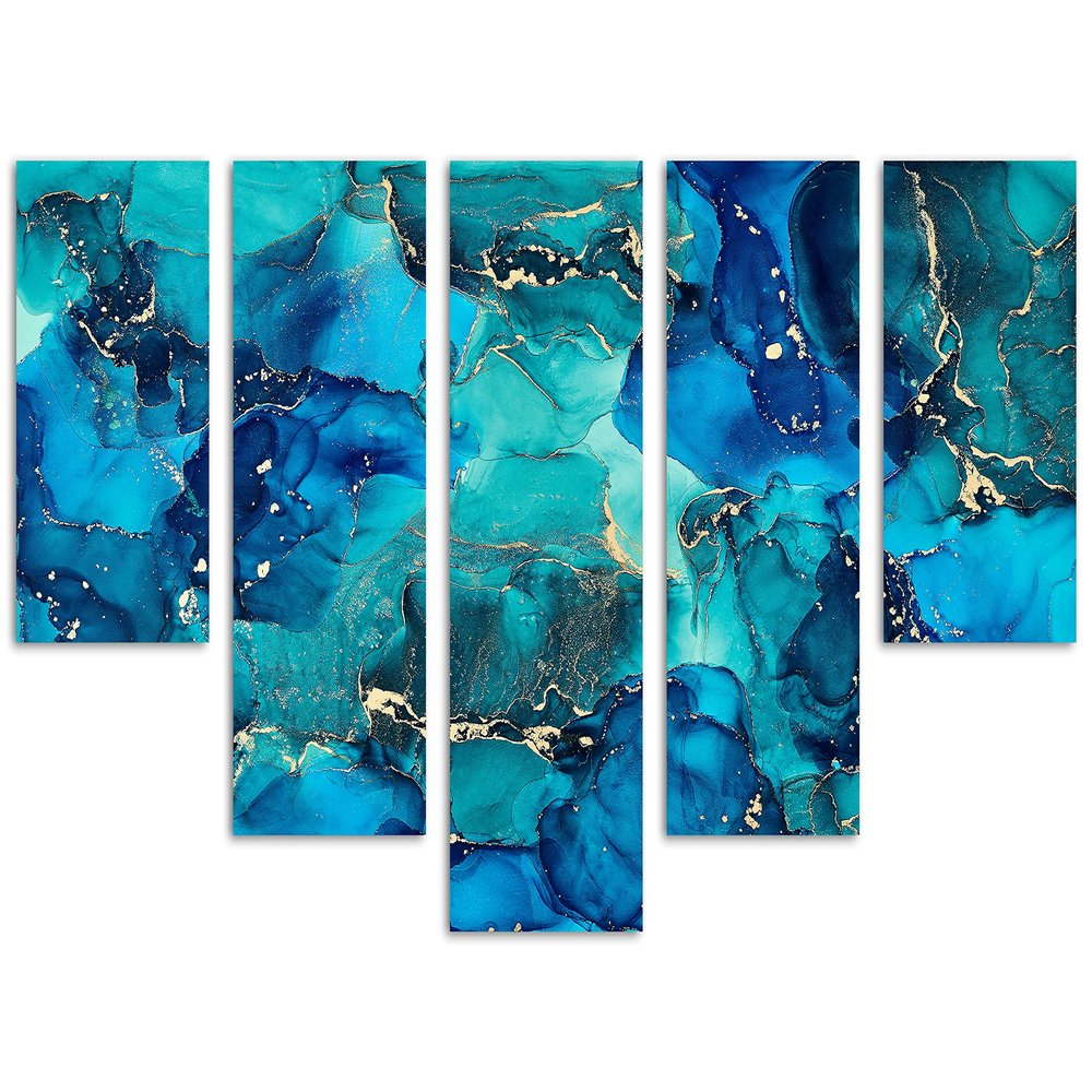 80 x 42 TOTAL - Abstract Marble Canvas Print Wall Art Teal, Blue & Gold 5 Panel Waterfall Split Liquid Marble Decor