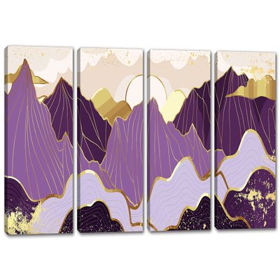 120 x 60 TOTAL - Mountains Wall Art Illustration Canvas Print purple gold 4 Panel Split Oriental Art Decor